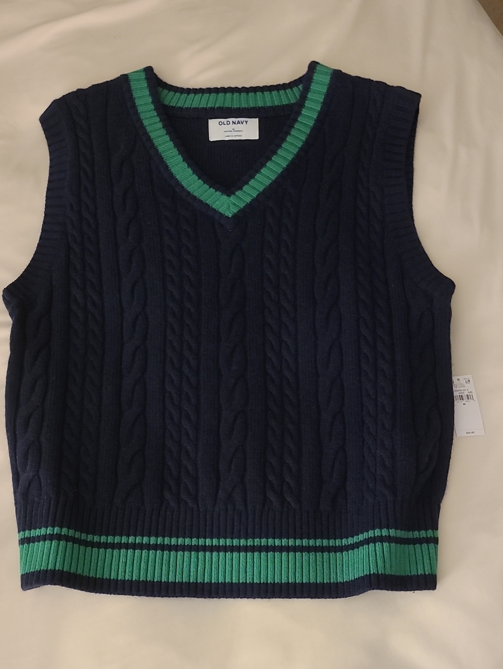 Old Navy Cable-Knit V-Neck Sweater Vest with Green Trim